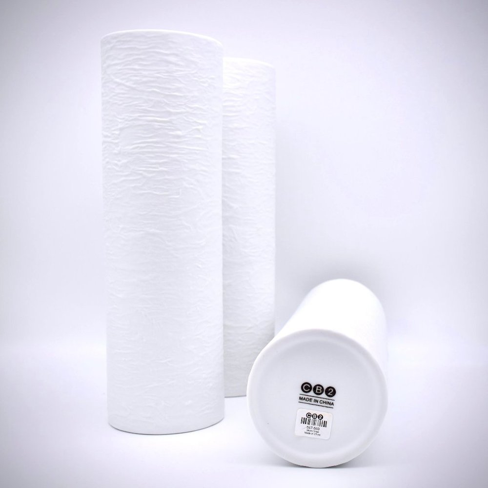 CB2 White Textured Cylinder Mumi Vase Ceramic Tall 567-569 Glossy Interior